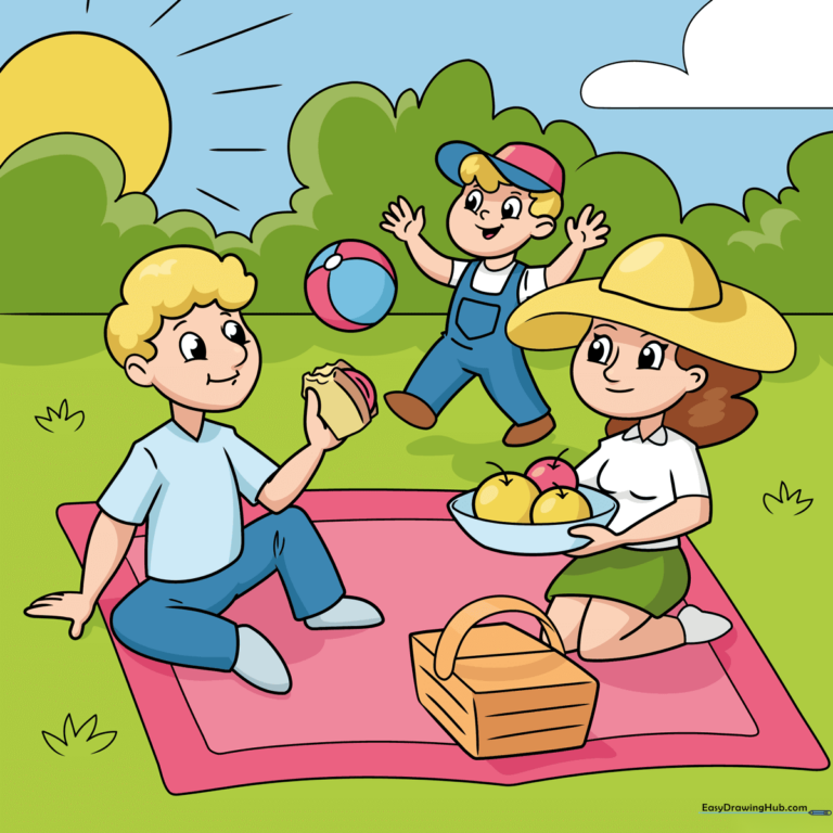 A colorful, finished illustration of a family enjoying a picnic on a sunny day.