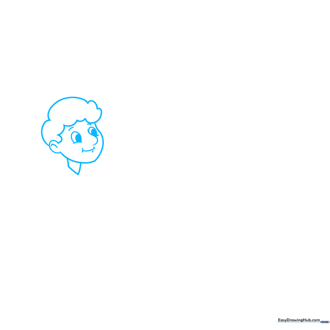 Line drawing of a cartoon man's head and shoulders, focusing on facial features and hair structure.