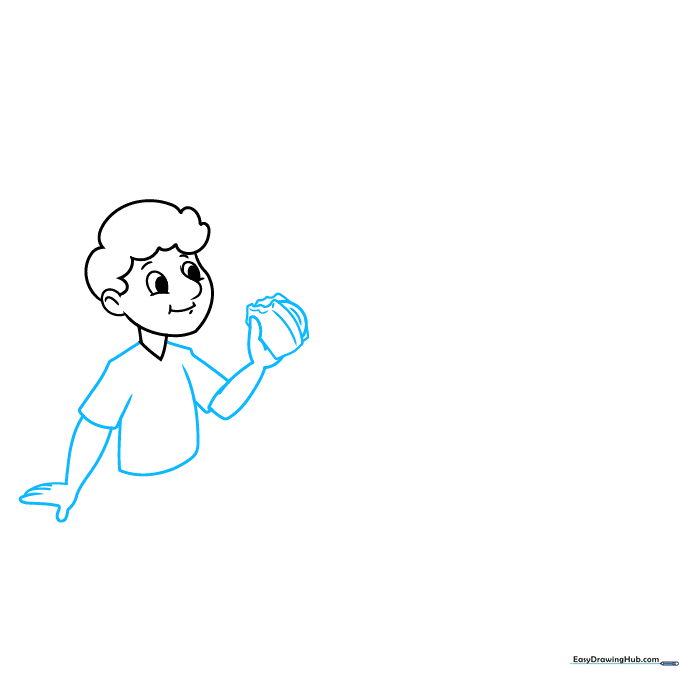 Cartoon man holding a sandwich, showing arm positioning and simple bread shapes.