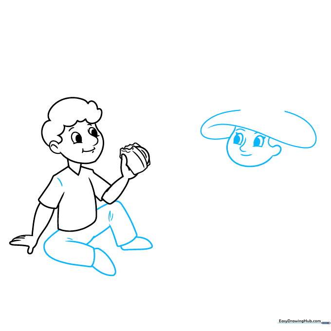 Drawing of a seated man and the outline of a woman wearing a sunhat.