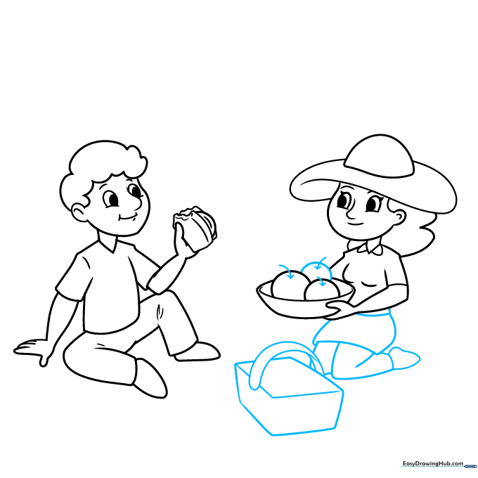 Detailed drawing of the picnic basket and the woman's seated posture.