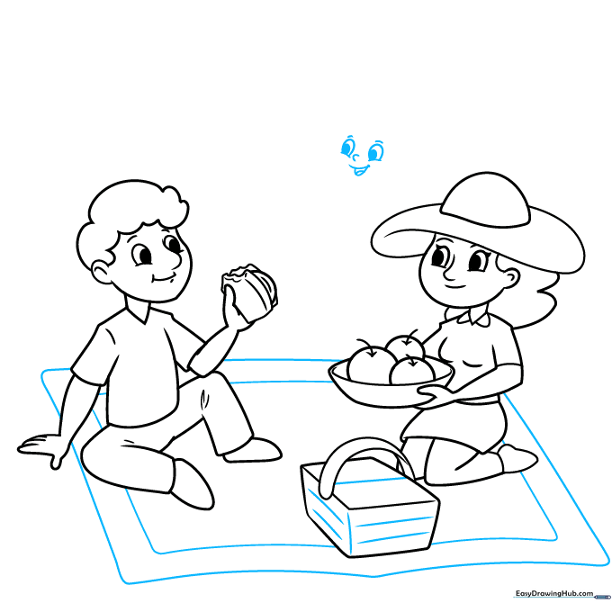 The picnic blanket is added under the characters, with the boy's head outline started.