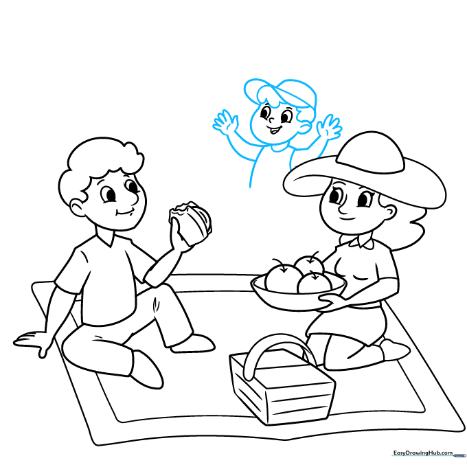 The boy character is sketched with arms raised in excitement.