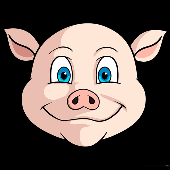 A fully colored, cute cartoon pig face with pink skin and blue eyes.