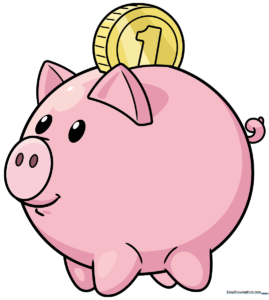 A vibrant, finished drawing of a piggy bank, showcasing the final result of the tutorial.