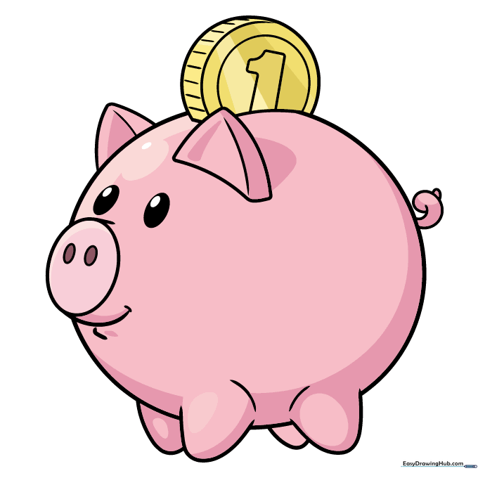 A finished, colored illustration of a cute piggy bank.