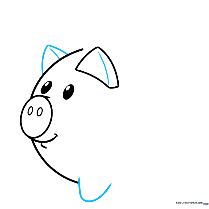 Drawing the second ear and the first leg of the piggy bank using a U-shape.