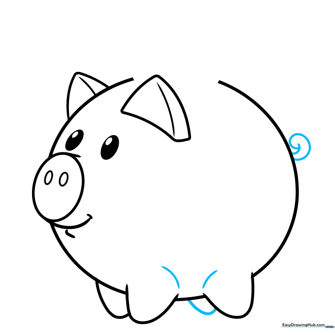 Adding the final leg details and a curly spiral tail to the piggy bank.