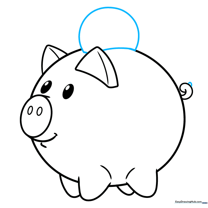 Drawing a coin entering the slot on the back of the piggy bank.
