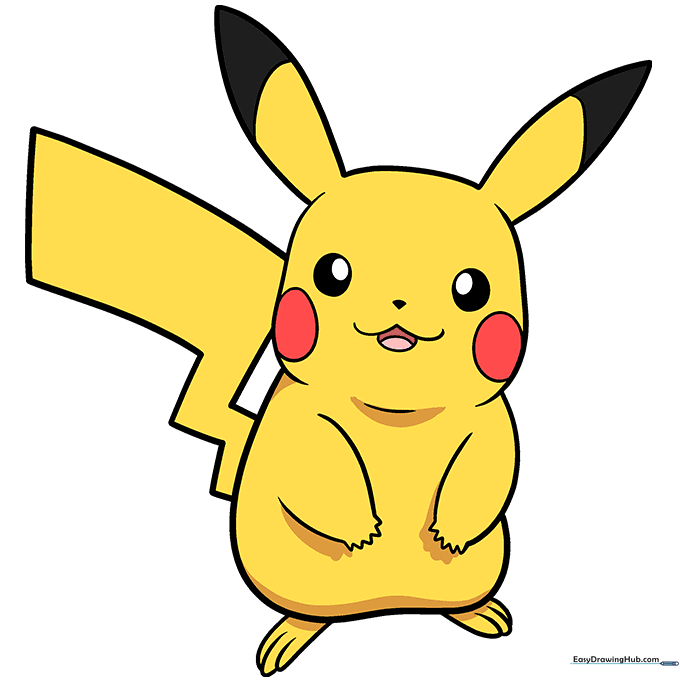 The final colored Pikachu illustration with yellow fur, red cheeks, and black ear tips.