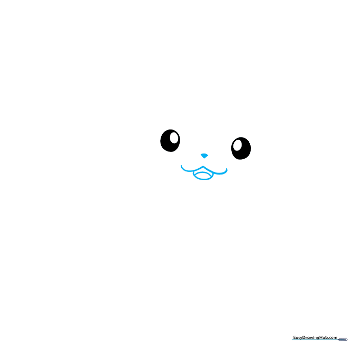 Drawing the small triangular nose and W-shaped mouth of Pikachu.