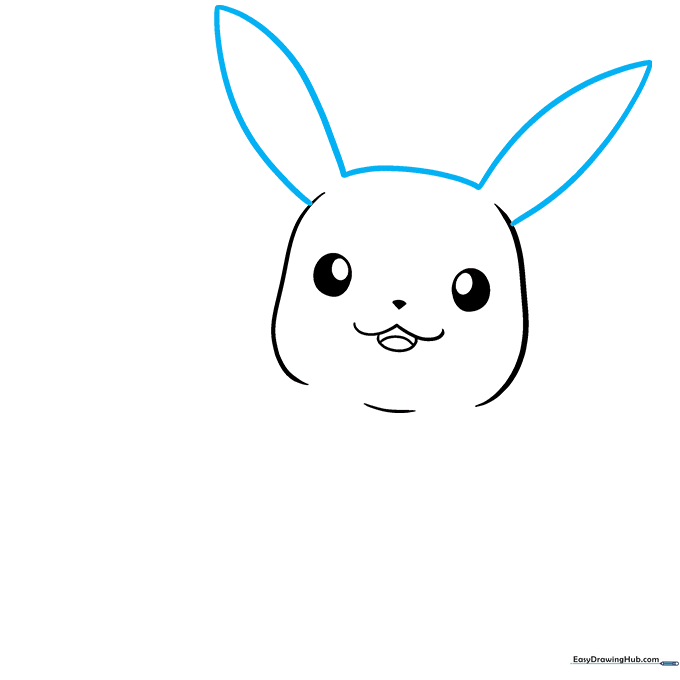 Sketching the two long, pointed ears on top of Pikachu's head.