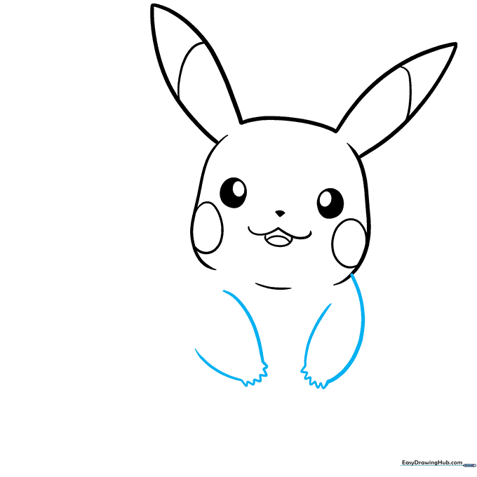 Drawing Pikachu's small arms with zigzag fingers.