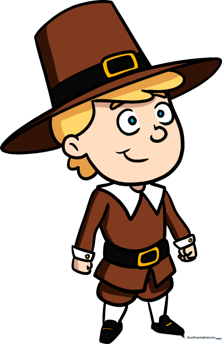 A friendly cartoon Pilgrim character, fully colored and ready for Thanksgiving projects.