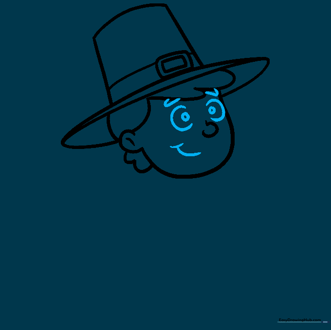 Detailed facial features including eyes, eyebrows, and mouth on the Pilgrim sketch.