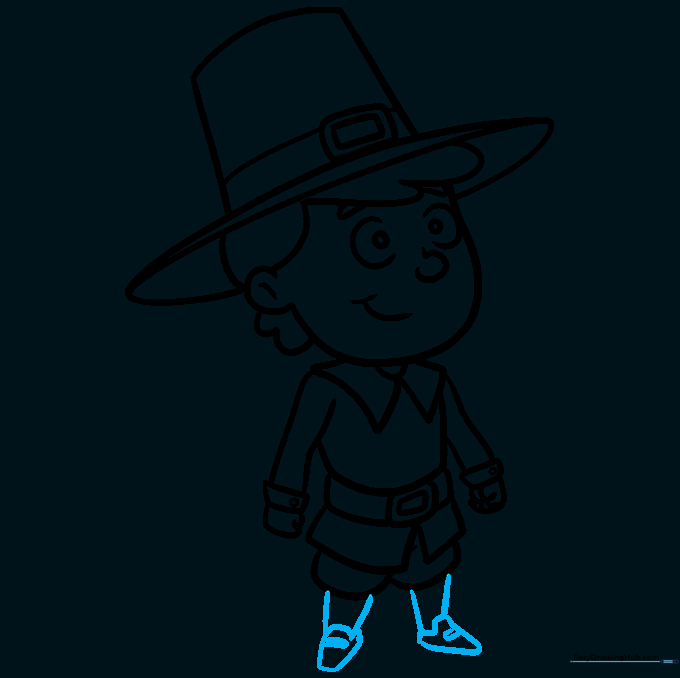 Finalizing the Pilgrim's legs and buckled shoes.