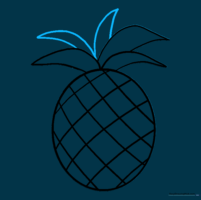 A full crown of leaves drawn on top of the pineapple.