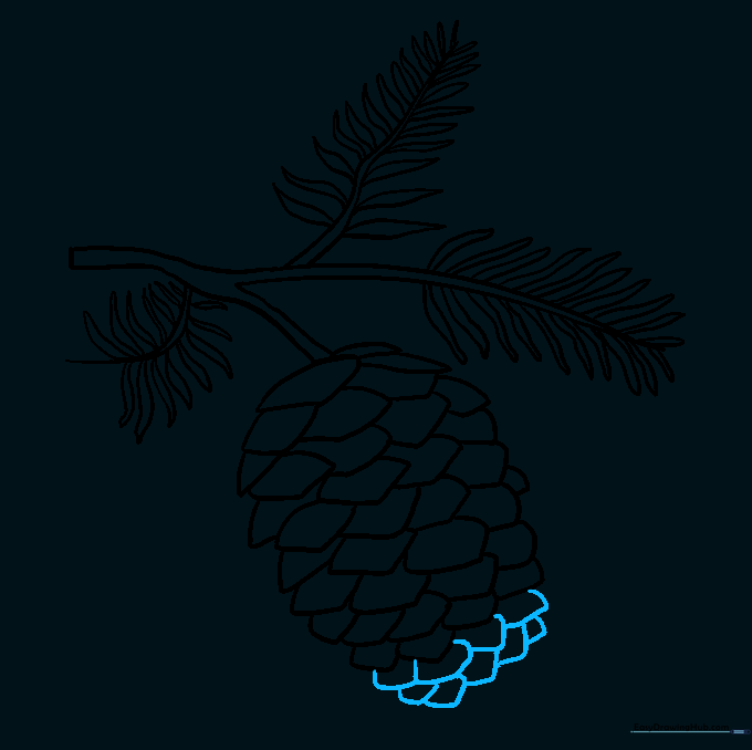 Adding smaller, detailed scales toward the bottom of the pinecone.