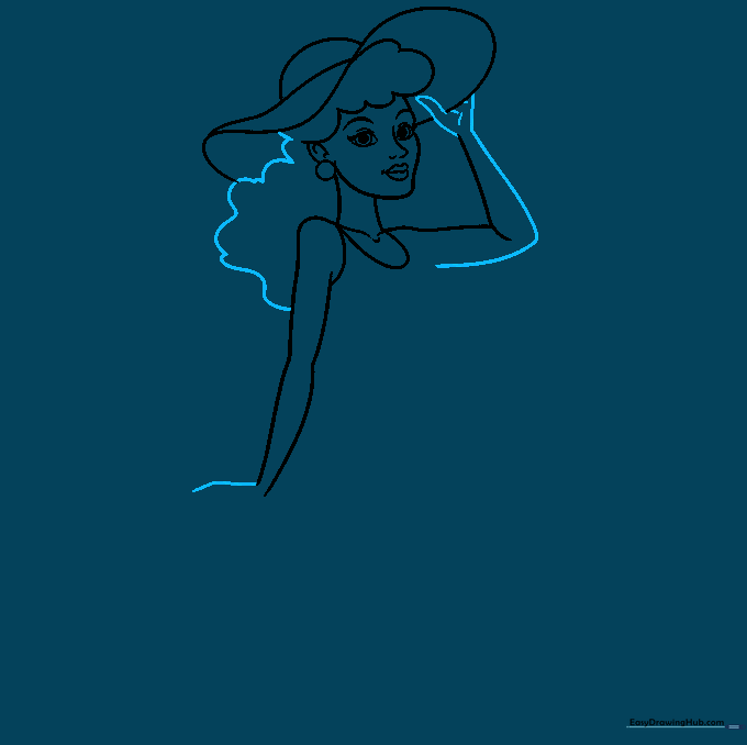 Adding hair volume and the character's arm and hand reaching toward the head.