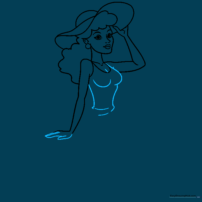 Detailing the fingers and the torso outline for the pinup character.