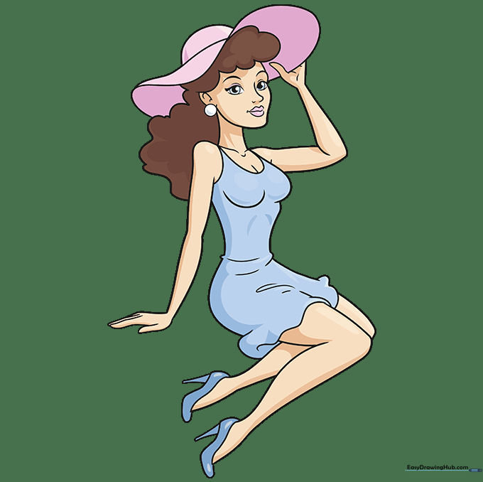 Final colored cartoon pinup girl drawing with blue dress and brown hair.