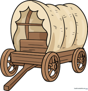 A colorful, finished illustration of a pioneer wagon on a trail.