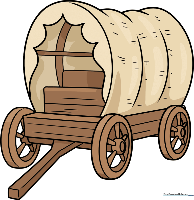 A colorful, finished illustration of a pioneer wagon on a trail.