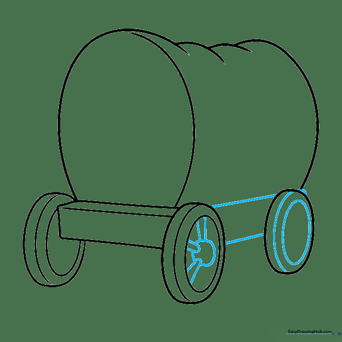 Drawing the wheel spokes and the axle connecting the wagon wheels.