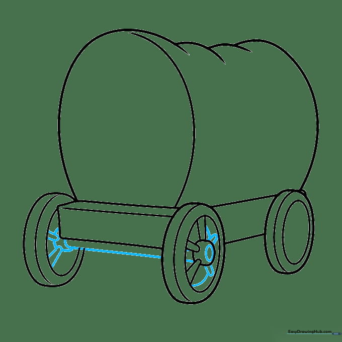 Adding central hubs and additional spokes to the pioneer wagon wheels.