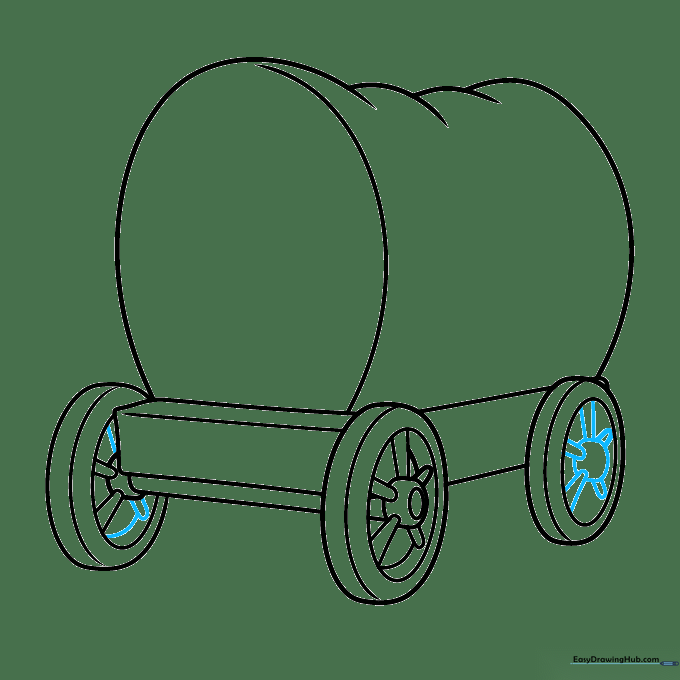 Darkening the outlines of the wagon wheels for a finished look.