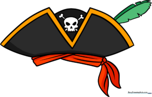 A vibrant, finished illustration of a classic pirate hat with a skull and crossbones, bandana, and feather.