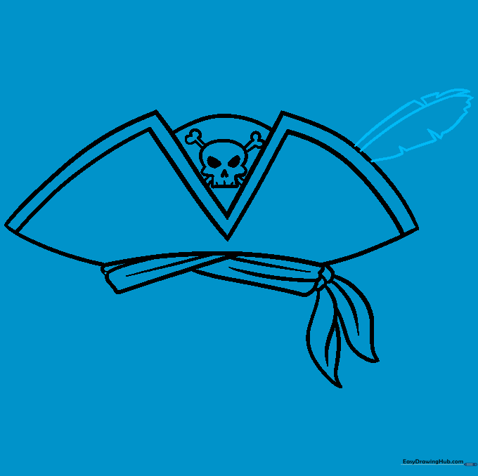 Drawing a decorative feather tucked into the side of the pirate hat.