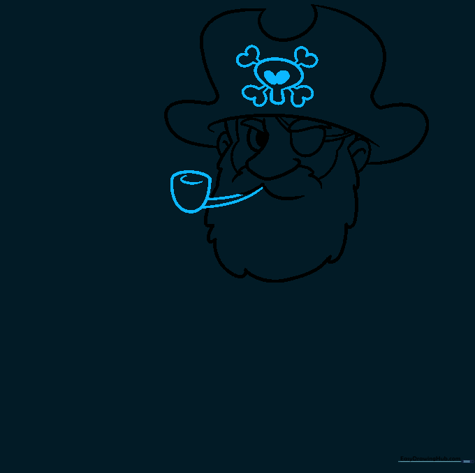Close-up of the pirate drawing showing a pipe in the mouth and a skull and crossbones on the hat.
