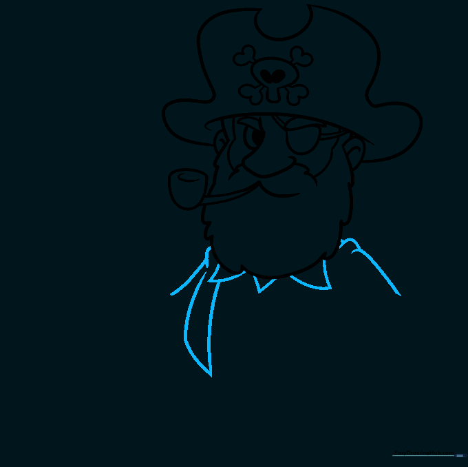 Drawing showing the pirate's shirt collar and shoulder lines being added to the torso.