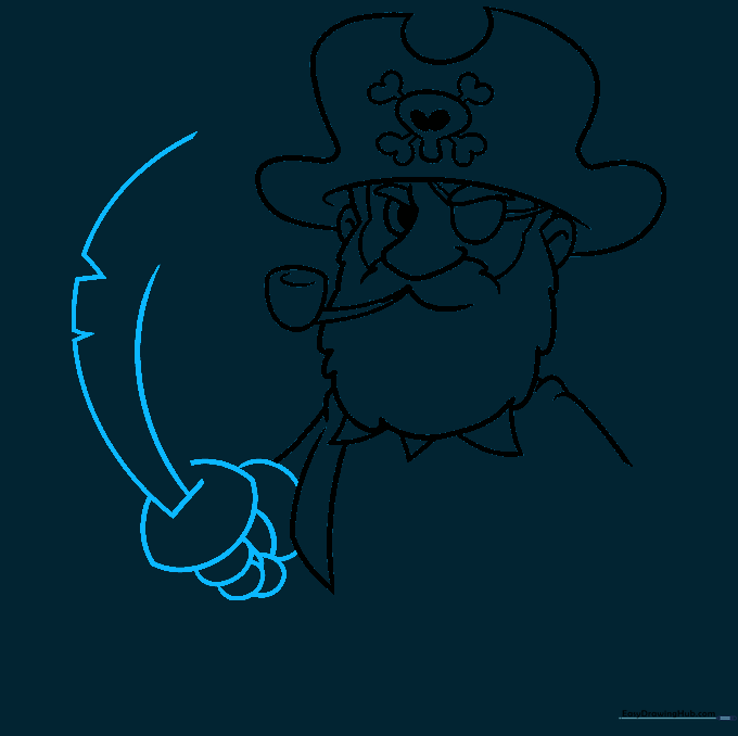 Detailed view of the pirate's arm holding a sword with a notched, damaged blade.
