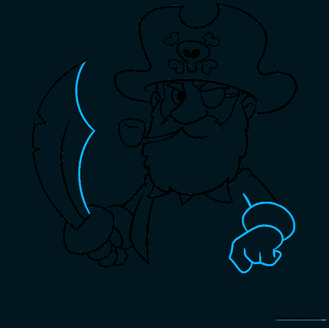 Drawing showing the second arm and hand added to the pirate figure.