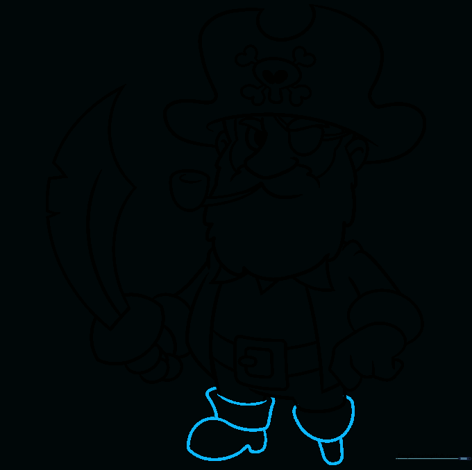 Drawing showing the lower body of the pirate, including one boot and one pegleg.