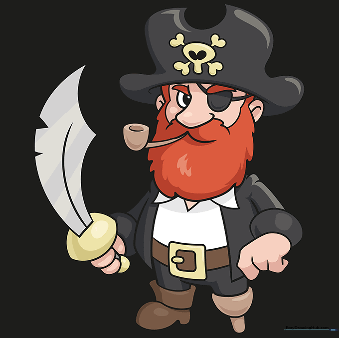 Finished, colored cartoon pirate drawing ready for final details.