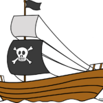 A vibrant, finished drawing of a pirate ship sailing on the sea.