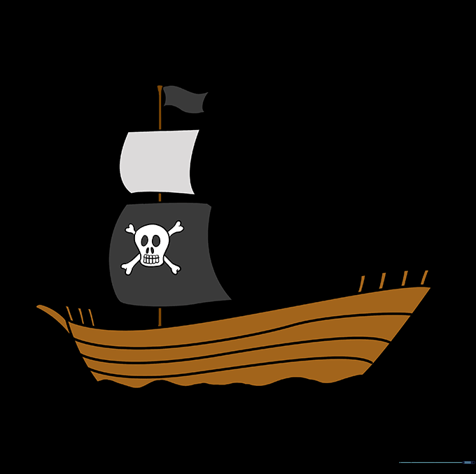 The final colored pirate ship drawing on the ocean.