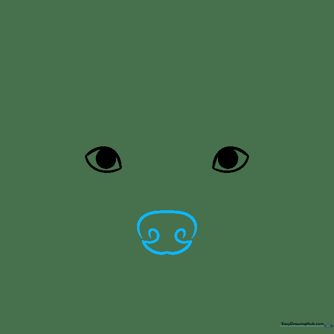 Drawing the dog's nose with a curved top line and two spiral nostrils.