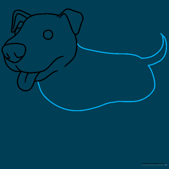 Outlining the main body of the Pitbull and adding a curved, pointed tail.