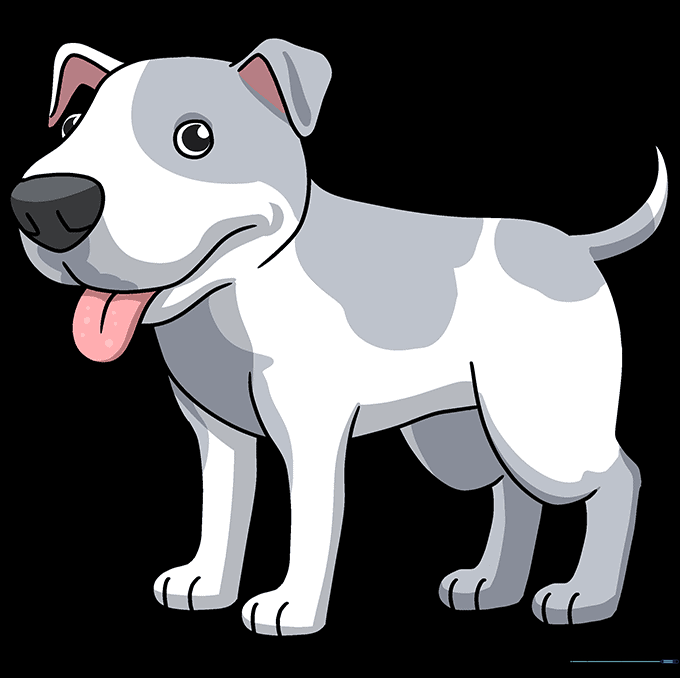 A fully colored cartoon Pitbull, showing how to use shading and color to finish the drawing.