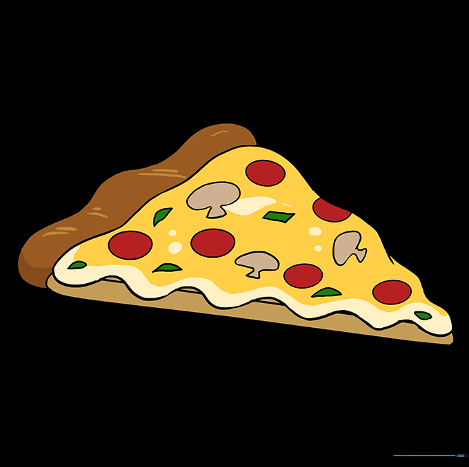 The finished, colored pizza slice with pepperoni and mushroom toppings.