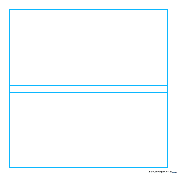 A square outline with two horizontal lines drawn across the middle to begin a plaid pattern.