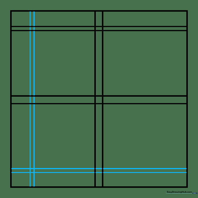 Drawing narrow, intersecting lines in the corner of the square to build pattern complexity.