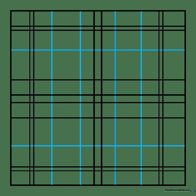 The completed plaid grid pattern showing thick and thin intersecting lines.