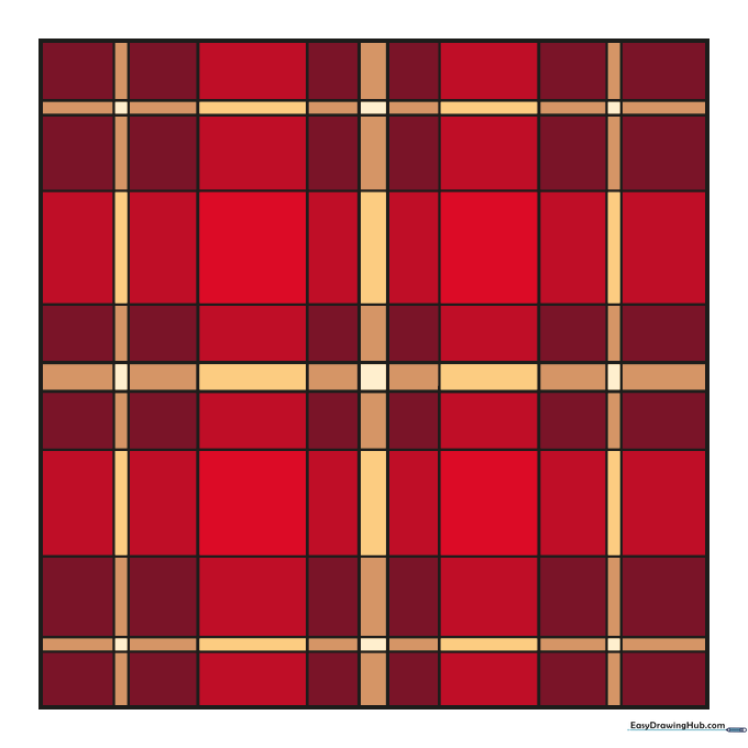 A finished, colored plaid pattern showing how to use shading at intersections to create depth.