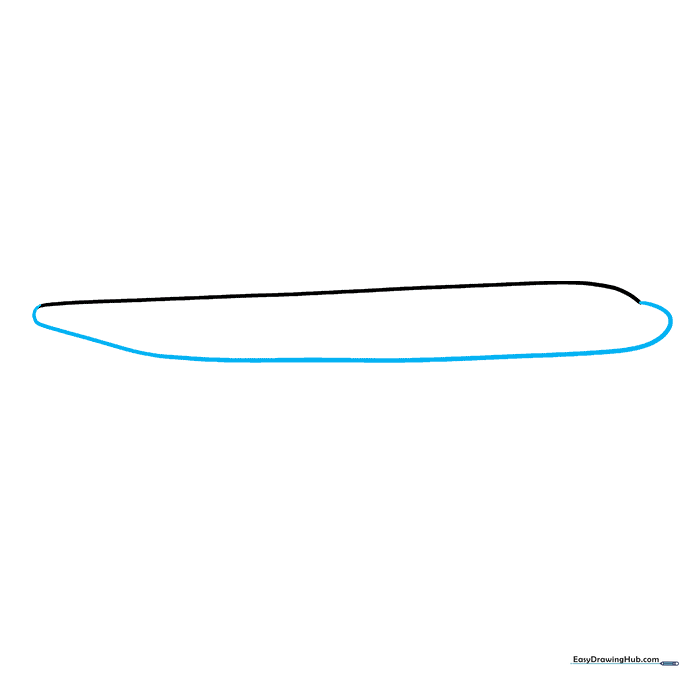 The completed outline of an airplane body showing a rounded nose and a tapered tail section.