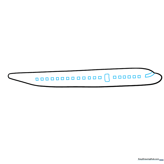 Airplane fuselage with added cockpit window, passenger windows, and a rectangular cabin door.